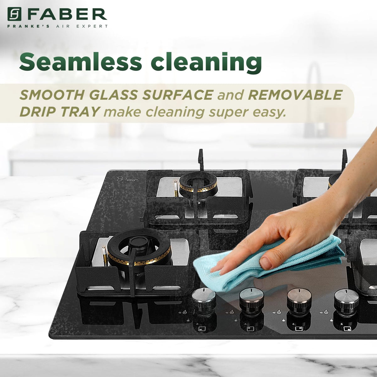Faber 4 Burner HCT 65 cm Hob| Brass Burners| Bakelite Knobs| Cast Iron Pan Support | Hob/Cooktop Hybrid Toughened Glass 