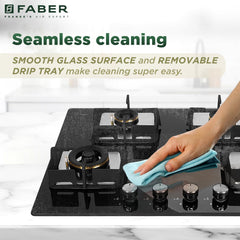 Faber 4 Burner HCT 65 cm Hob| Brass Burners| Bakelite Knobs| Cast Iron Pan Support | Hob/Cooktop Hybrid Toughened Glass 