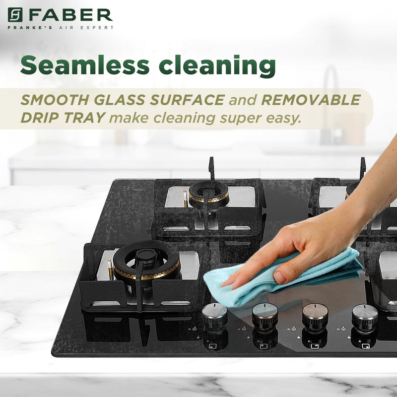 Faber 4 Burner HCT 65 cm Hob| Brass Burners| Bakelite Knobs| Cast Iron Pan Support | Hob/Cooktop Hybrid Toughened Glass 