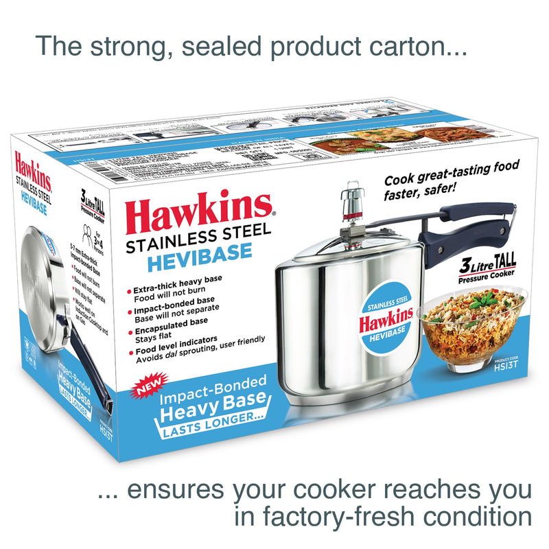 Hawkins 3 Litre Tall Stainless Steel Hevibase Pressure Cooker, Impact Bonded Base, Inner Lid Cooker, Silver (HSI3T)
