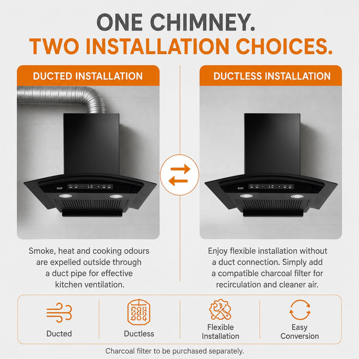 Kaff 60cm Curved BLDC Chimney, Installation Kit Included, KEC 60A-DC