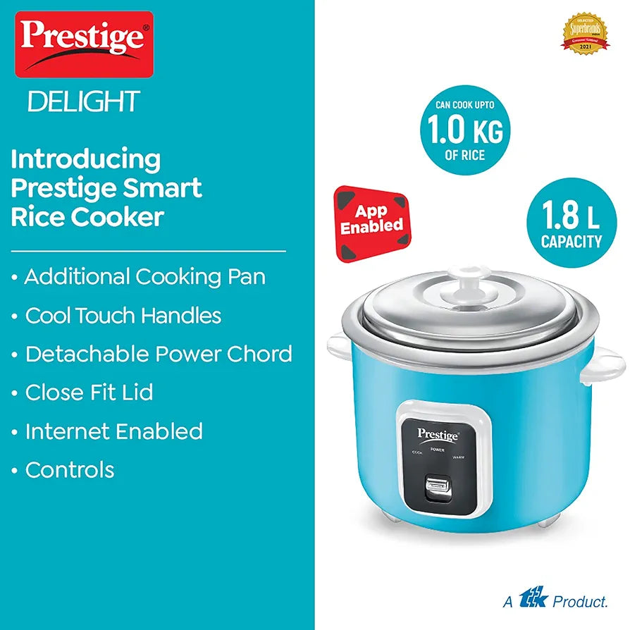 Prestige Delight Smart 1.8-2 Electric Rice Cooker|IOT & App Enabled|1.8 L Open Type|with Aluminium Cooking Pan -2U|Blue