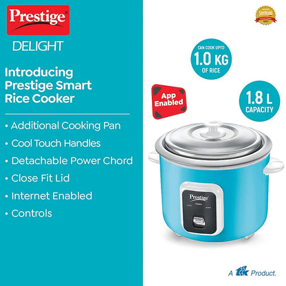 Prestige Delight Smart 1.8-2 Electric Rice Cooker|IOT & App Enabled|1.8 L Open Type|with Aluminium Cooking Pan -2U|Blue