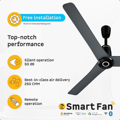 atomberg Aris Contour Smart 1200mm Voice Controlled BLDC Ceiling Fan with Remote |BEE 5 star|Best-in-class Air Flow |Silent Operation| Designer Fan | Free Installation | 5 Year Warranty | Regent Grey