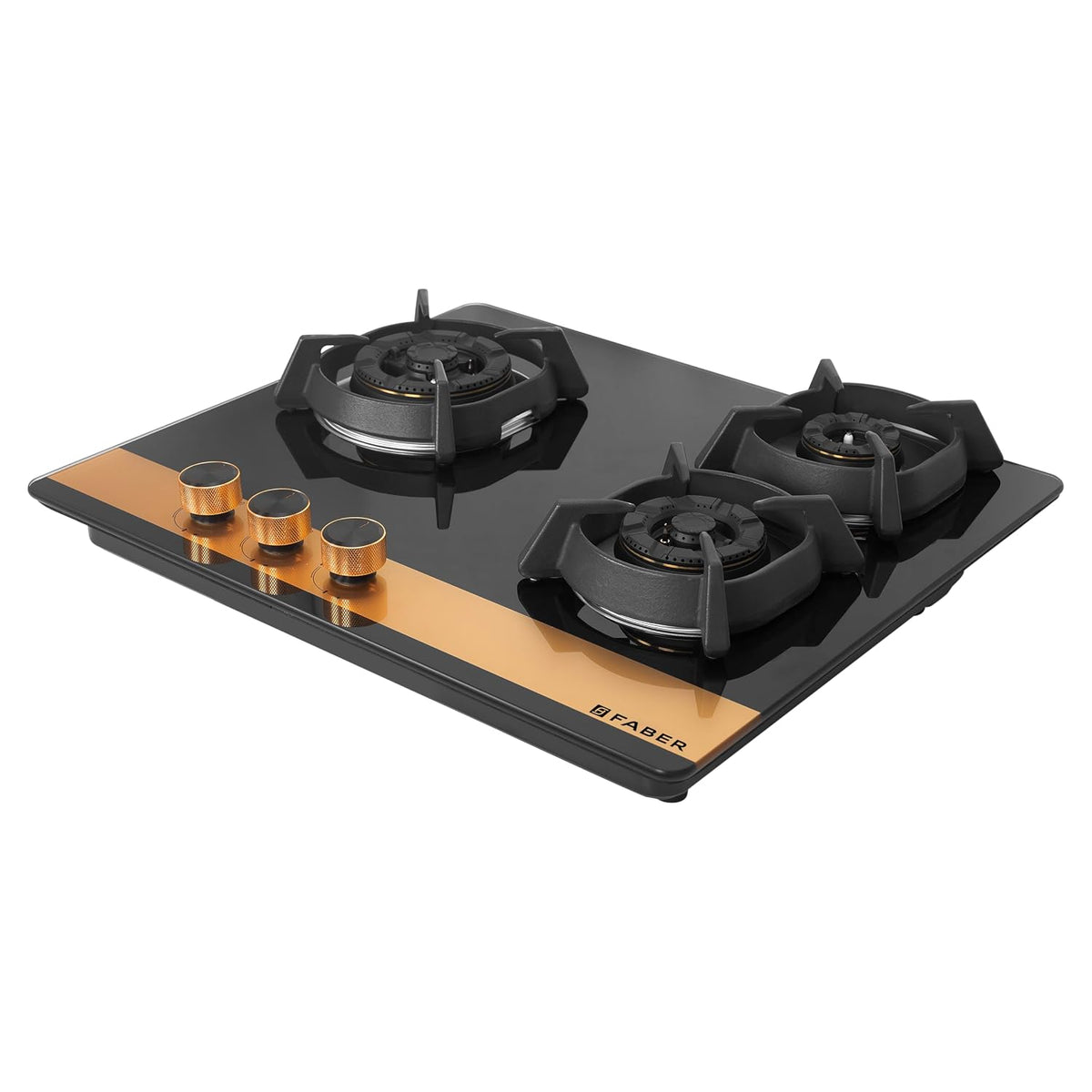 Faber 60cm 3Burner Gas Hob | Flame Failure Device | Cast Iron Pan Support | Metal Knobs | Dual Flame Burner | 8mm Toughe