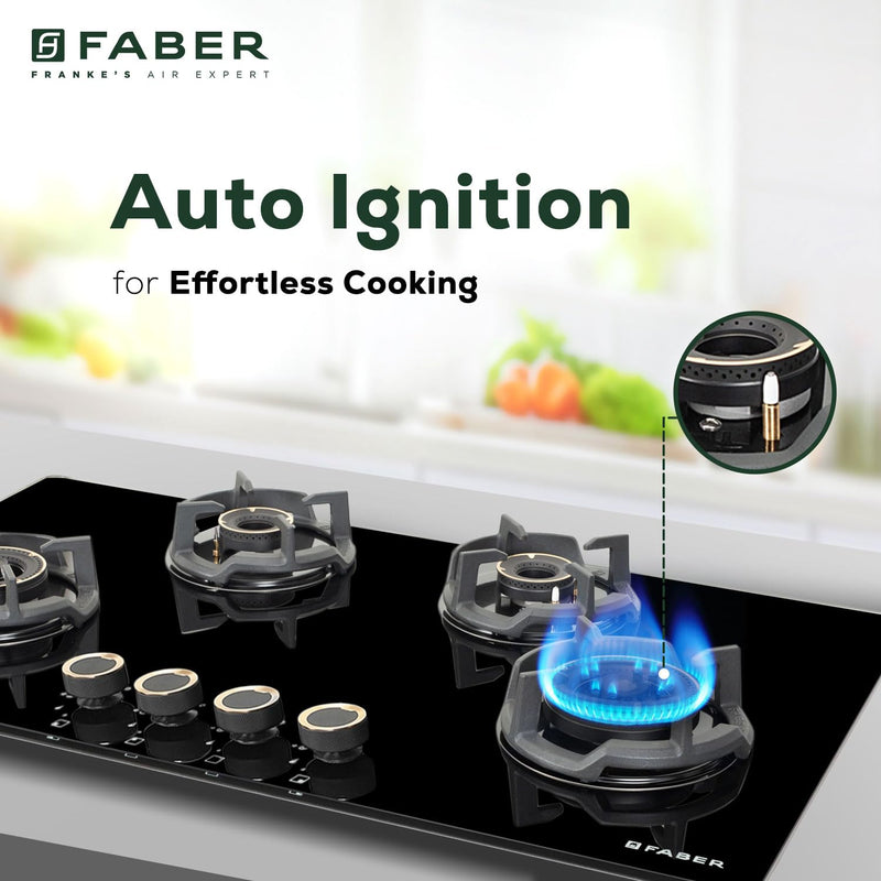 Faber 90Cm 4 Burner HOB|Auto Ignition|Built-In Or Hobtop|Flame Failure Device|Cast Iron Pan Support|Glass Matt Finish|Me