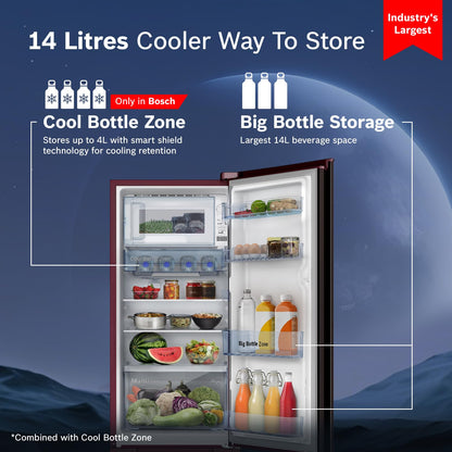 Bosch 187 L, 3 Star, Single Door Refrigerator with Industry's largest base drawer, vegetable box* & Beverage space (CST18W23PI, Wine Flower) 18 Hr Cooling Retention, 2.5x Cooling, Inverter compressor