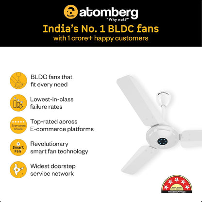 atomberg Ikano 900mm BLDC Ceiling Fan with Remote | BEE 5 star | High Air Delivery | LED Speed Indicator | Low Noise | Timeless Design with Power Saving | 3 Year Warranty | Gloss White