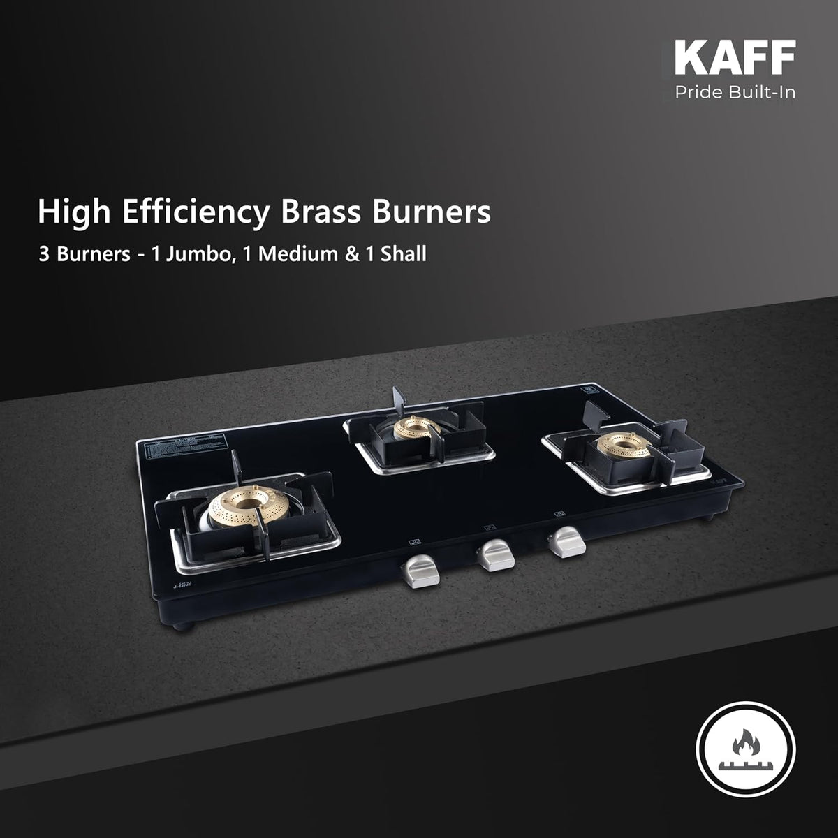 Kaff 77cm 3 Burner Glass Gas Stove | High Efficiency Brass Burners | 8mm Black Toughened Glass | Cast Iron Pan Support |
