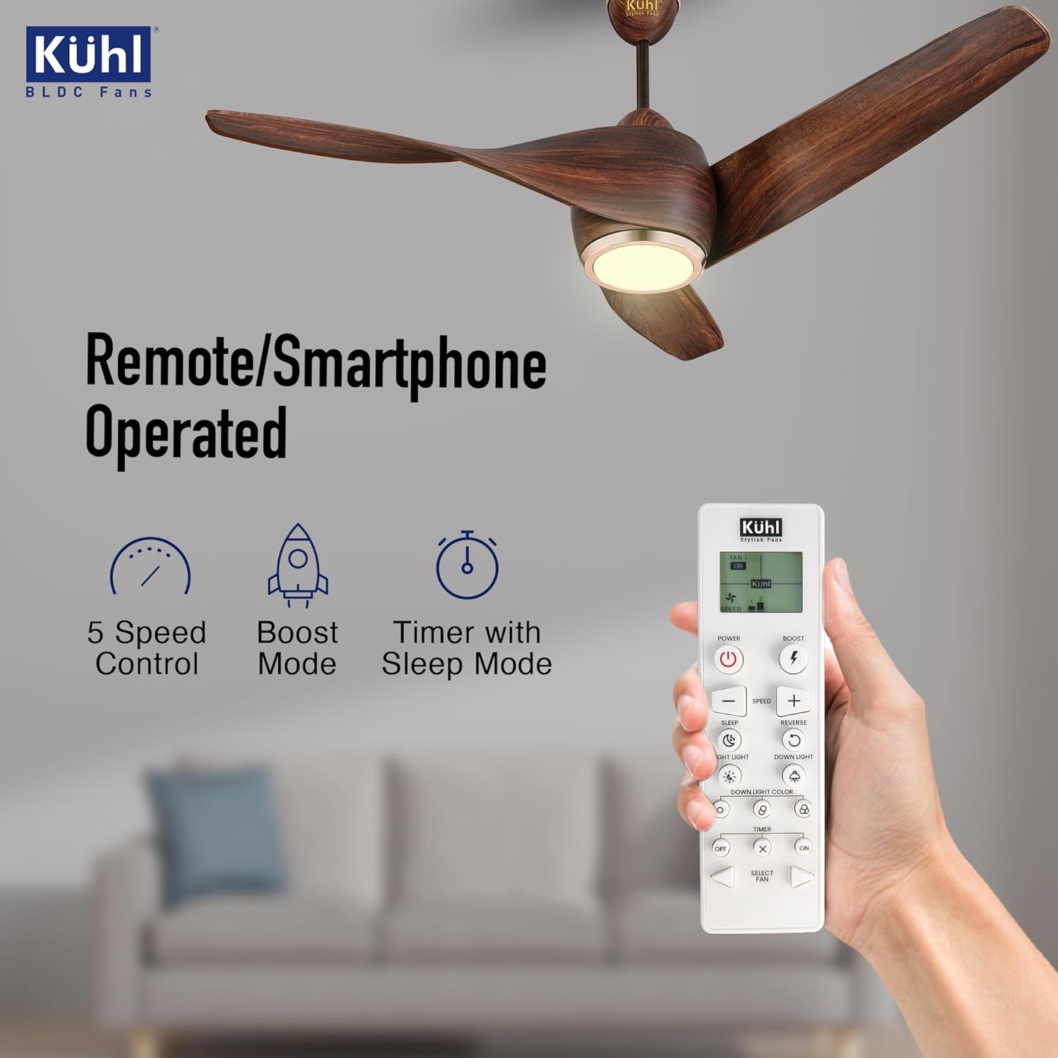 KUHL Twist L3 1320 mm 65% Power Saving BLDC Ceiling Fan | BEE 5 Star Rated & ISI Marked | High Air Flow |5YearWarranty on Motor By Brand |Free Installation | IoT – Operate via Mobile & Alexa | Teak