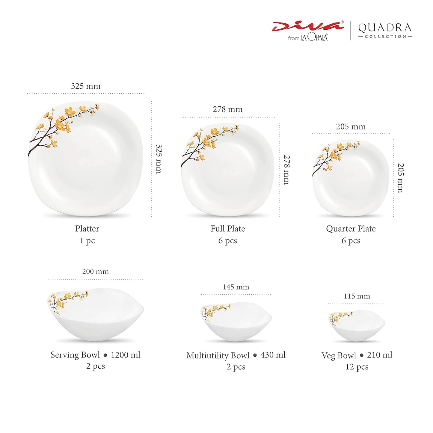 La Opala Diva, Quadra Collection, Opal Glass Dinner Set 29 pcs, Summertide, White