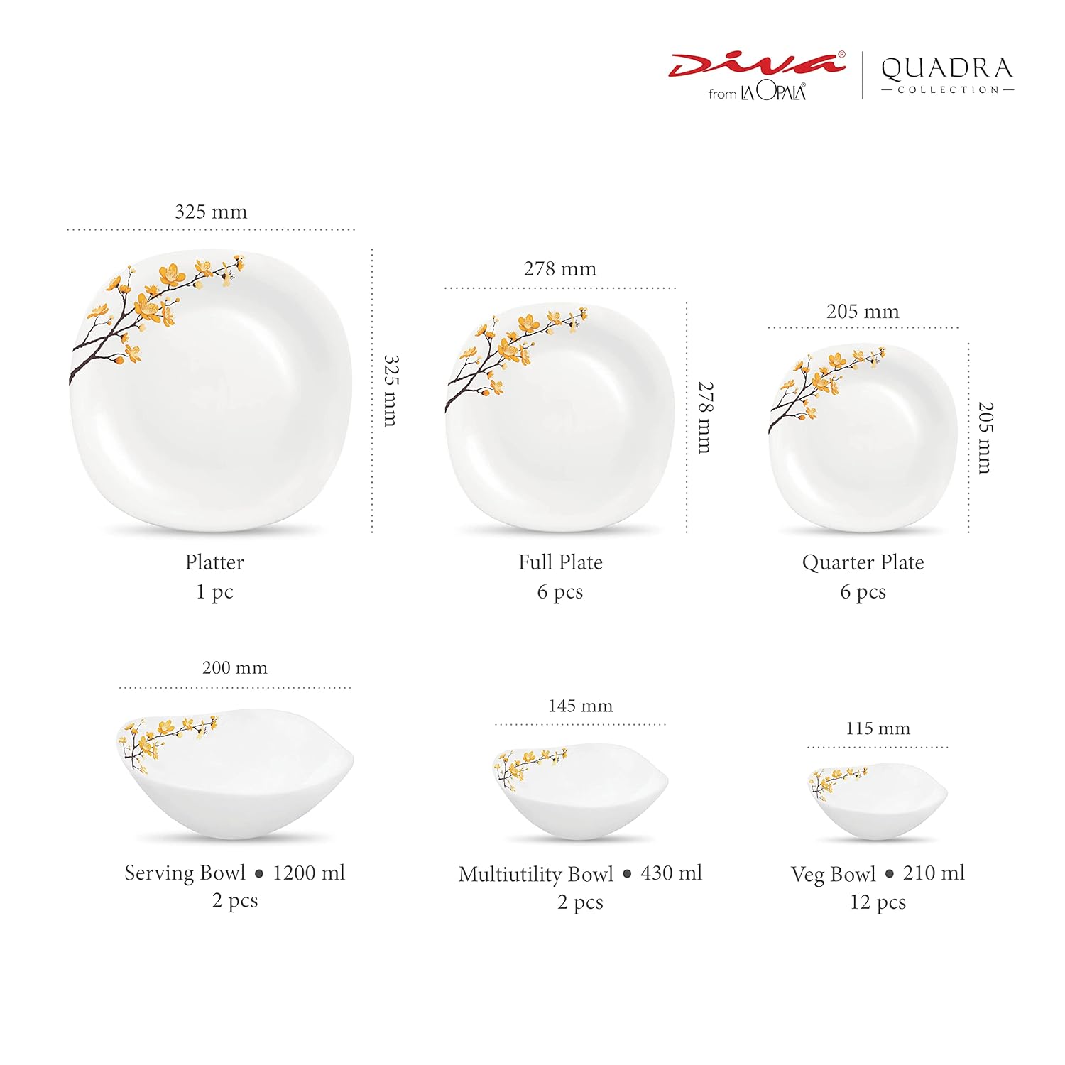 La Opala Diva, Quadra Collection, Opal Glass Dinner Set 29 pcs, Summertide, White