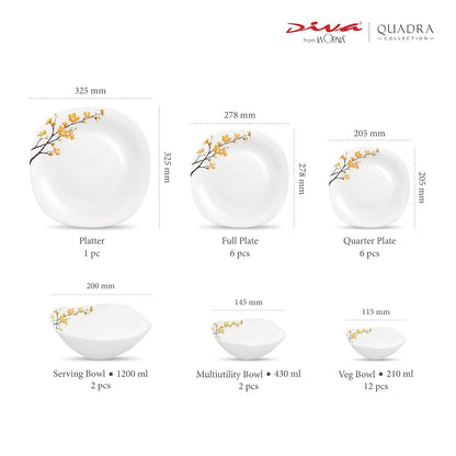 La Opala Diva, Quadra Collection, Opal Glass Dinner Set 29 pcs, Summertide, White