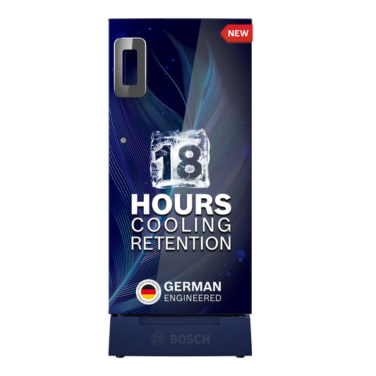 BOSCH 187L, 4 Star, Single Door Refrigerator with Industry's largest base drawer, vegetable box* & Beverage space (CST18B34PI, Feather blue) 18 Hr Cooling Retention, 2.5x Cooling, inverter compressor