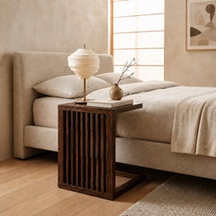 Solid Sheesham Wood C Shape Side Table for Living Room | Modern Sofa End Table | Wooden Laptop Table for Bed | 