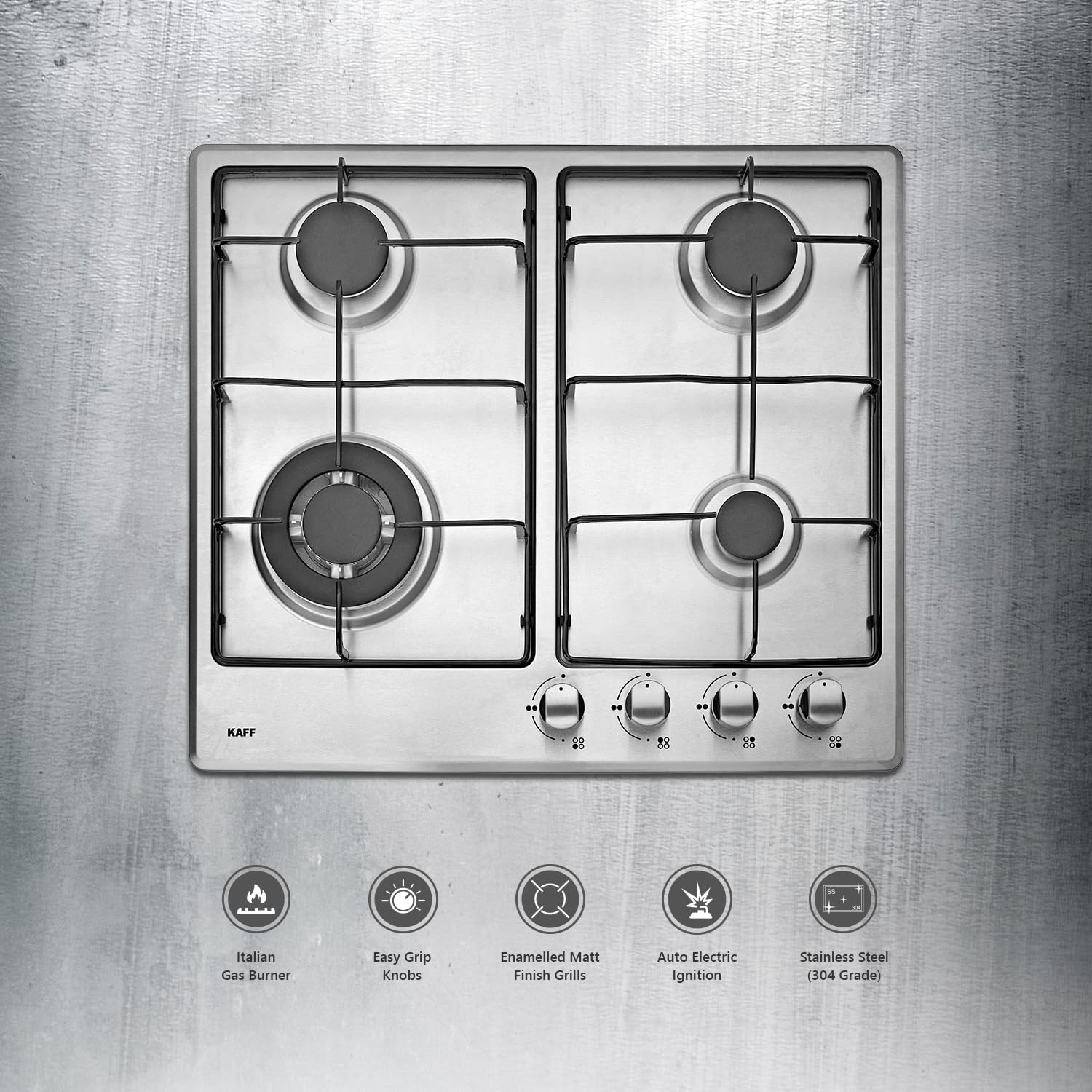 KAFF 4 Burners Built-in Hob & Hobtop For Modular kitchen -8 MM|Auto Electric Ignition Glass Top| Italian Burner, Enamelled Matt Finish, Easy Grip Knobs, Toughened Glass (Silver,80CM)