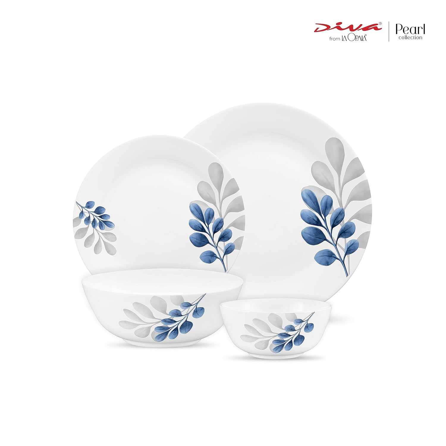 Diva by La Opala, Pearl Collection, Opal Glass Dinner Set 20 pcs, Indigo Bliss, White