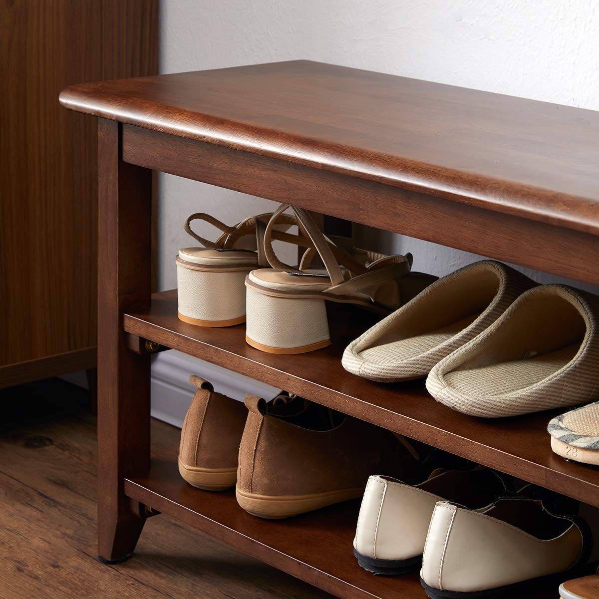 Storage Bench Wooden Shoe Rack Bench | Rustic Solid Wood Entryway Bench | Indoor Shoe Organizer | Brown Wood Sh