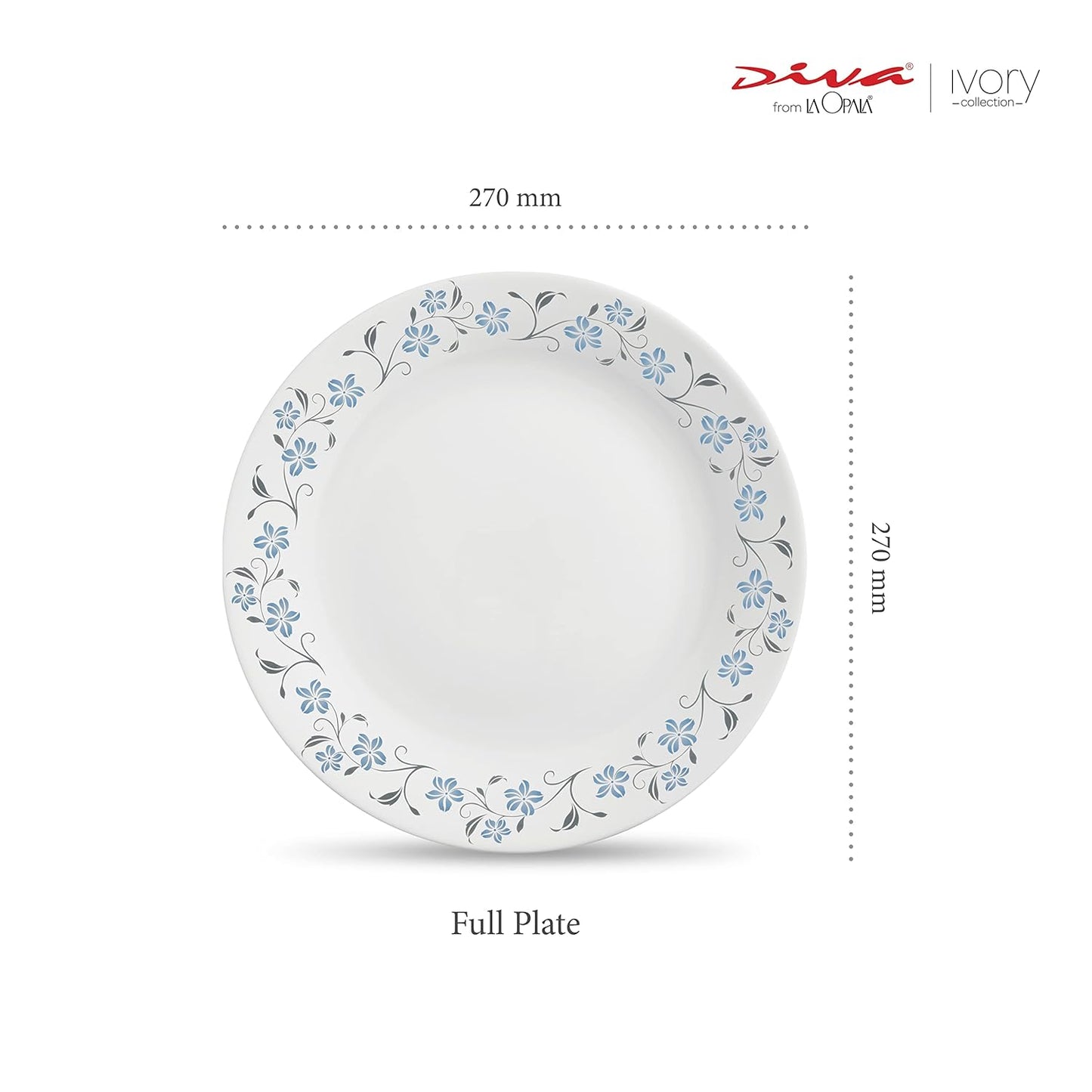 La Opala Diva Ivory Collection Opal Glass Crockery | Full Plate 11” Set of 6 | Grace Blue Design | Dinner Plate for Dining & Gifting | Microwave Safe | 100% Vegetarian | Extra Strong, Light & White