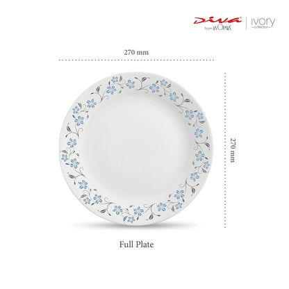 La Opala Diva Ivory Collection Opal Glass Crockery | Full Plate 11” Set of 6 | Grace Blue Design | Dinner Plate for Dining & Gifting | Microwave Safe | 100% Vegetarian | Extra Strong, Light & White