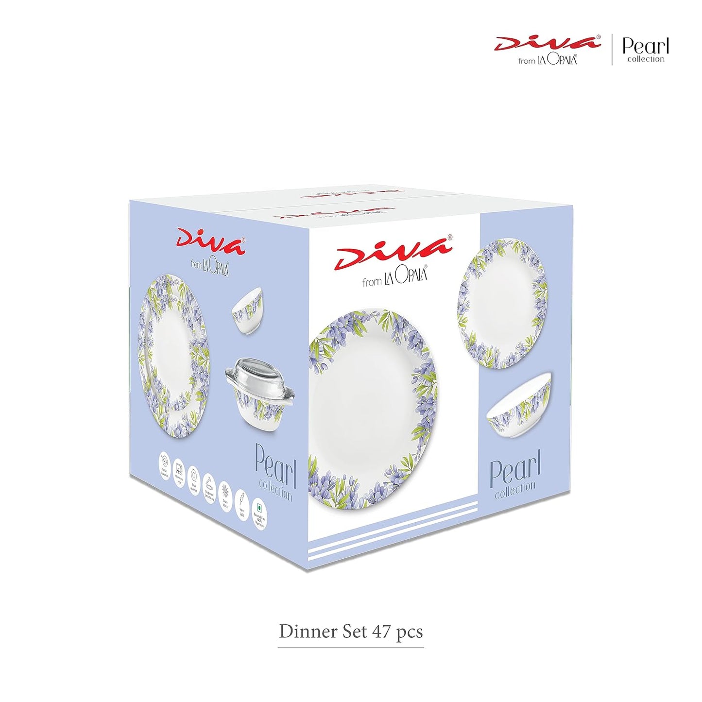 Diva by La Opala, Pearl Collection, Opal Glass Dinner Set 47 pcs, Dusky Vines, White