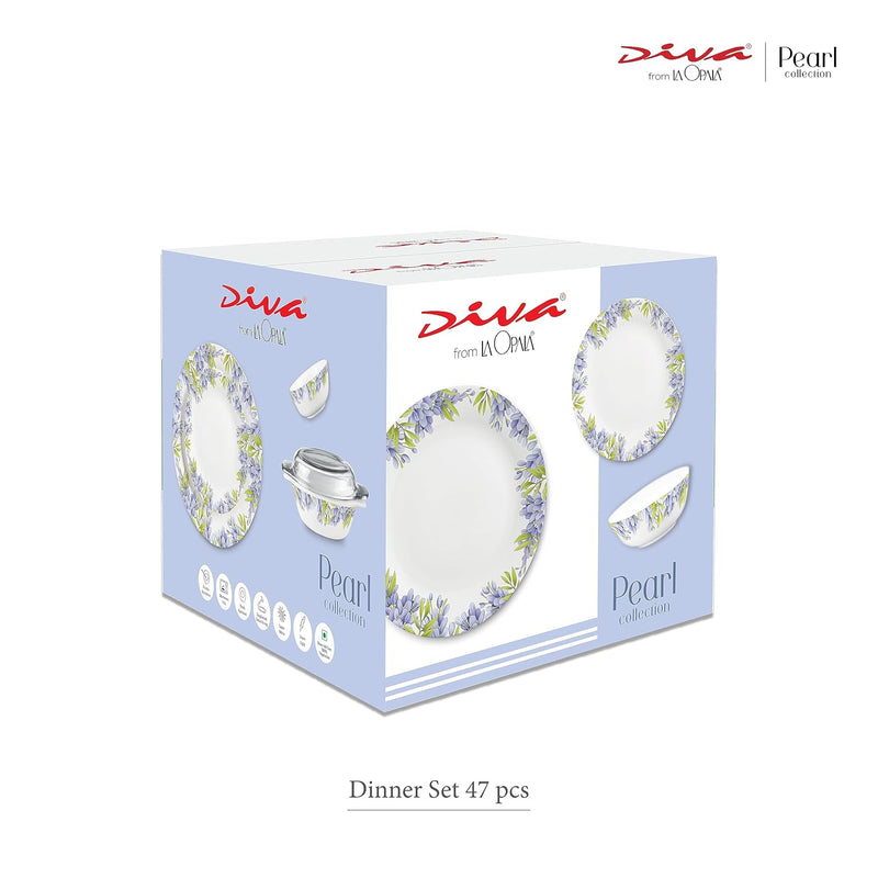 Diva by La Opala, Pearl Collection, Opal Glass Dinner Set 47 pcs, Dusky Vines, White