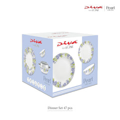 Diva by La Opala, Pearl Collection, Opal Glass Dinner Set 47 pcs, Turquoise Trims, White