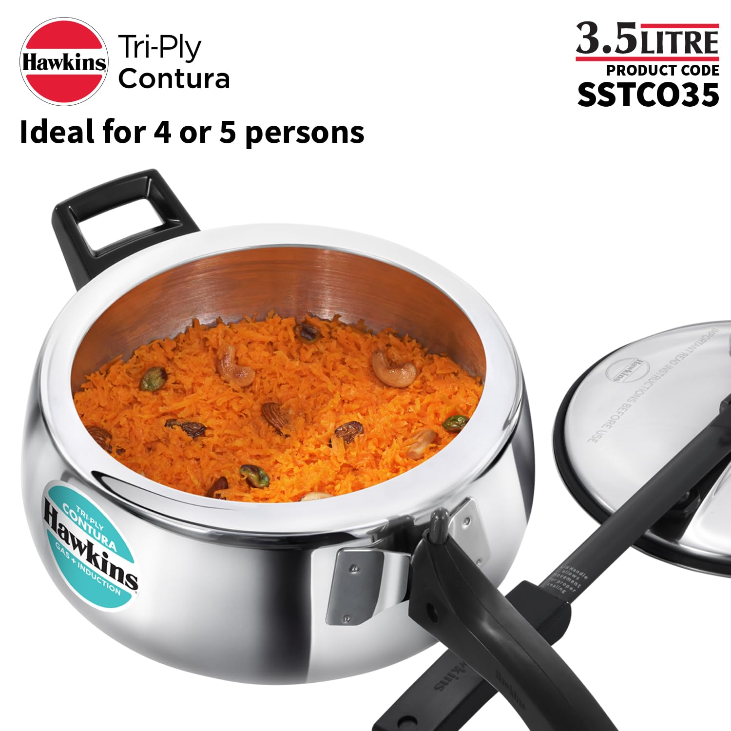 Hawkins 3.5 Litre Triply Contura Pressure Cooker, Triply Stainless Steel Induction & Contura shaped Cooker, Silver (SSTCO35)