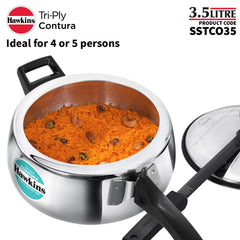 Hawkins 3.5 Litre Triply Contura Pressure Cooker, Triply Stainless Steel Induction & Contura shaped Cooker, Silver (SSTCO35)