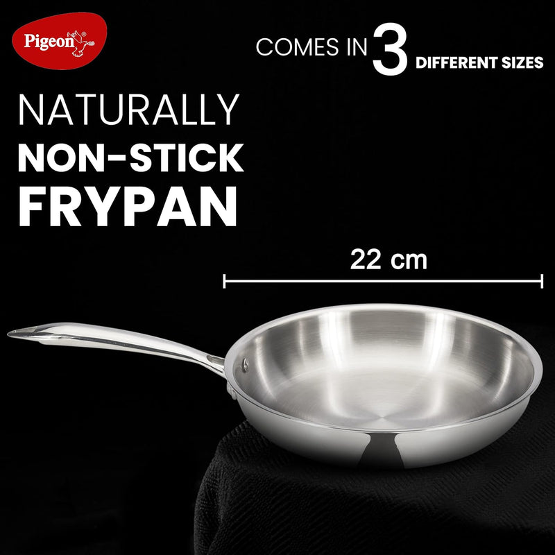 Pigeon Elite Stainless Steel Triply Fry Pan 22 cm, Gas Stove and Induction Compatible for Fast Cooking and Longer Heat R
