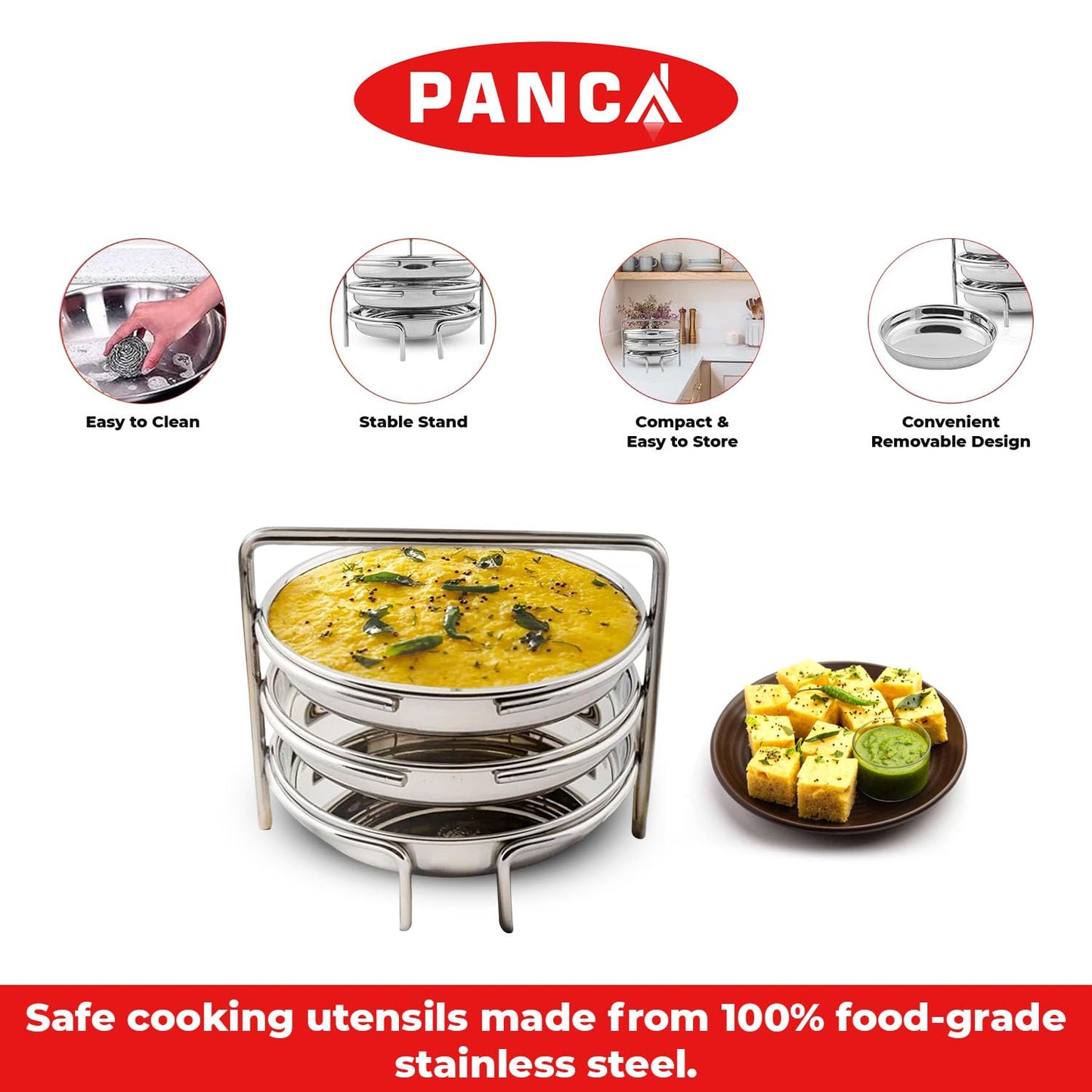 PANCA Stainless Steel Dhokla Maker, Thatte Idli Maker, 3 Big Plates, 16 cm Plates Set With Stand, Fits in all Cookers, Dhokla Stand | Dhokla Plate Only | Thattu Idli Plate | Idli and Dhokla Maker | Khaman Dhokla Plate
