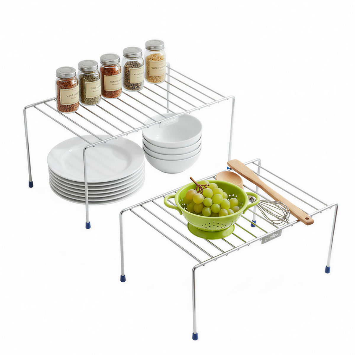 Plantex Stainless Steel Kitchen Shelf Organisers/Shelf Divider for Kitchen Storage/Cabinet Organiser/Plate Stand/Dish Rack - Pack of 2 (Chrome)-1