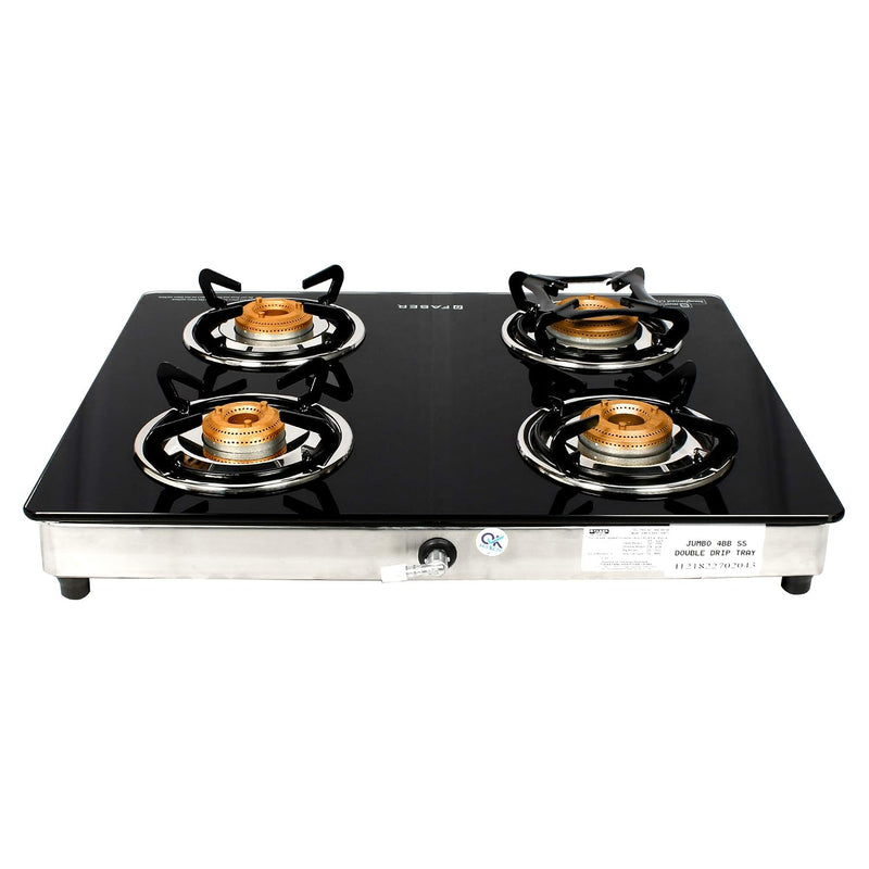 Faber Jumbo 4 Brass Burner Cooktop | 1 Jumbo, 2 Medium, 1 Small | Drip Tray | Toughened Glass | SS Finish | Ergonomic Kn