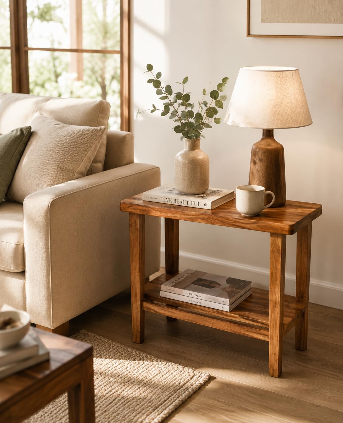 Solid Sheesham Wood C Shape Side Table for Living Room | Modern Sofa End Table | Wooden Laptop Table for Bed | 