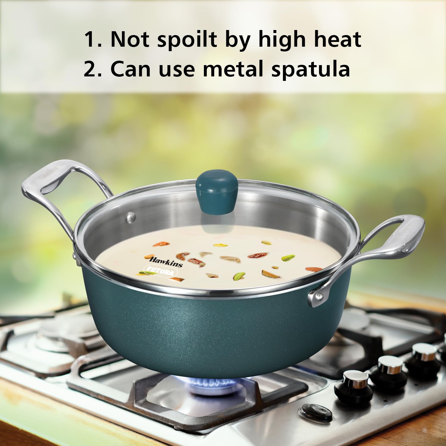 Hawkins Olive Pro 3 Litre Cook n Serve Bowl, Triply Stainless Steel Pan with Stainless Steel Handles and Glass Lid, Green (POSC30G)