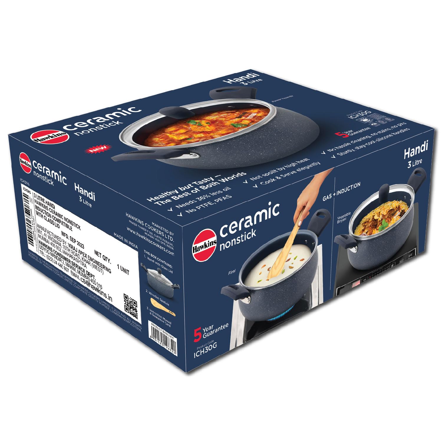 Hawkins Ceramic Nonstick Handi with Glass Lid, 3 Litre, Induction Biryani Pot, Granite Casserole (ICH30G)