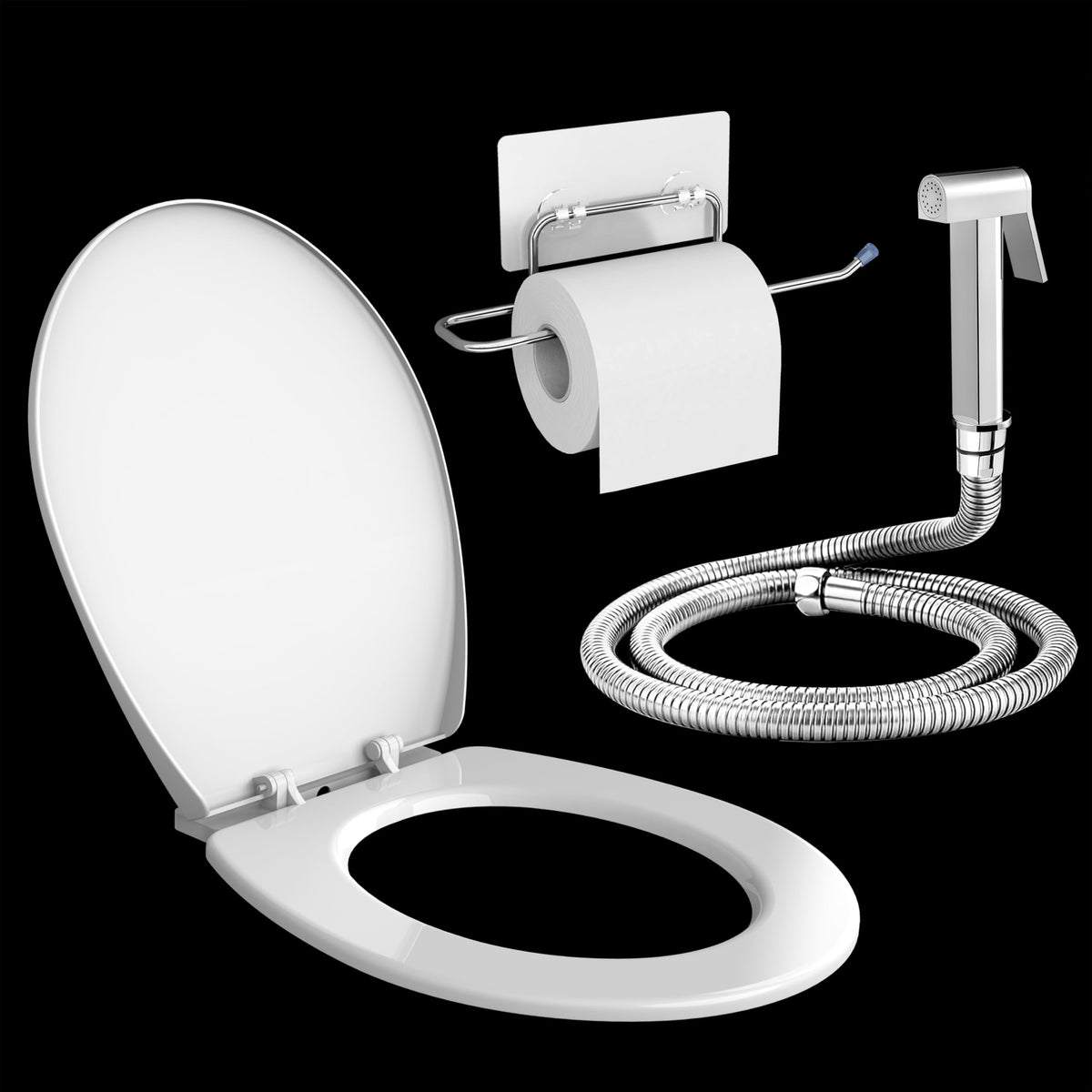 Plantex Hygienic Toilet Combo/Polypropylene Toilet Seat Cover/Self Adhesive Toilet paper holder/D- Shape Health Faucet Set with 1.20 meter hose Pipe for Toilet and Clamp (Chrome) (Model APS-4516)-1