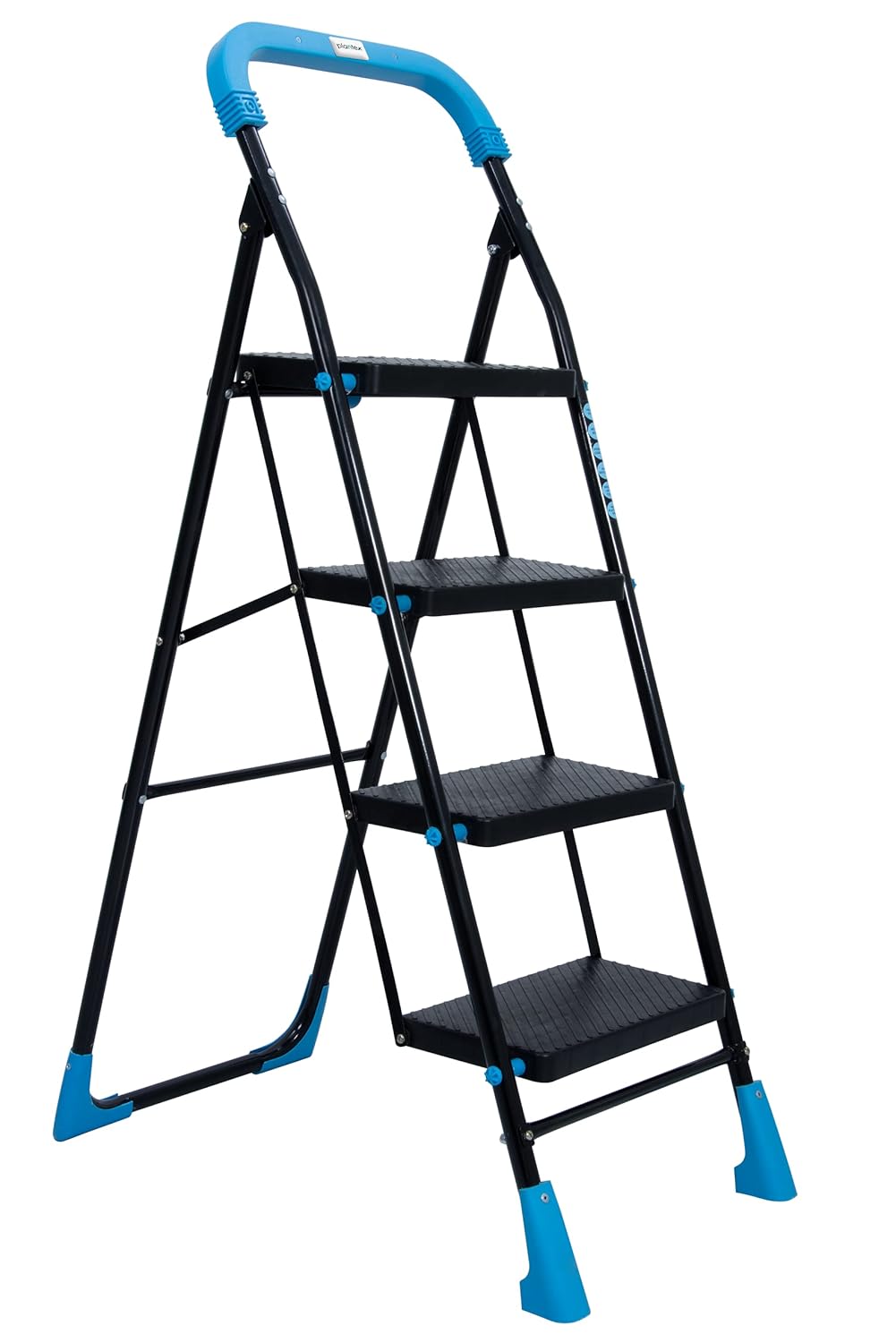 Plantex Stylo Heavy-Duty Mild-Steel Folding 4 Step Ladder for Home with Advanced Locking System/Wide Anti-Skid Step Ladder (Black & Blue)