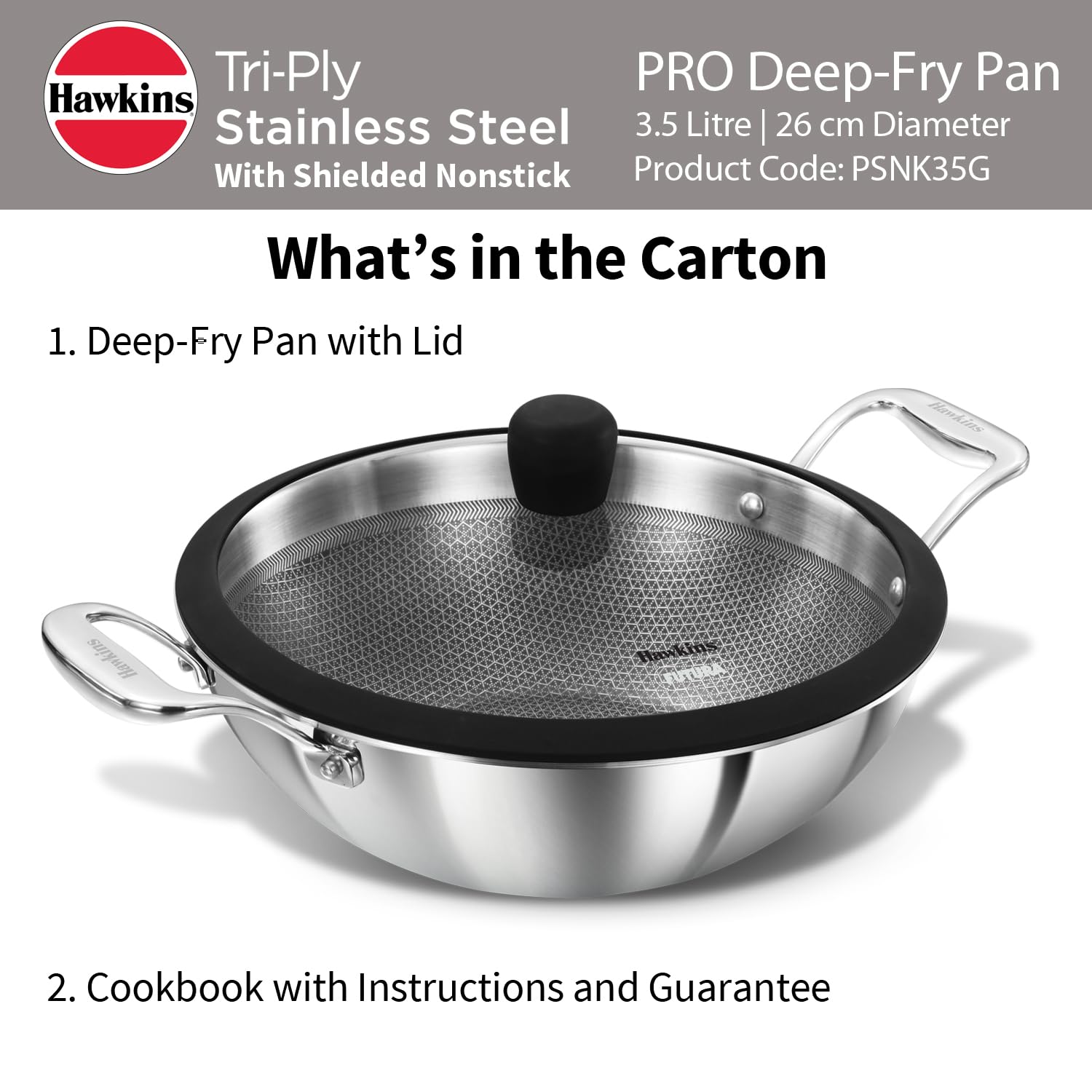 Hawkins Pro 3.5 Litre Shielded Nonstick Triply Deep-Fry Pan, Kadhai with Stainless Steel Handles and Glass Lid, Silver (PSNK35G), 26 cm