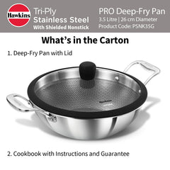 Hawkins Pro 3.5 Litre Shielded Nonstick Triply Deep-Fry Pan, Kadhai with Stainless Steel Handles and Glass Lid, Silver (PSNK35G), 26 cm