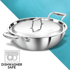 Hawkins Pro 3.5 Litre Deep-Fry Pan, Triply Stainless Steel Kadhai with Stainless Steel Handles and Stainless Steel Lid, Silver (PSK35S)