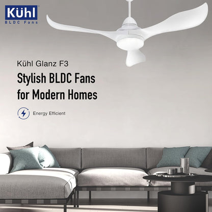 KUHL Glanz F3 1320MM 65% Power Saving BLDC Ceiling Fan | BEE 5 Star Rated & ISI Marked | High Air Flow | 5Year Warranty on Motor By Brand | Free Installation | IoT Operate via Mobile & Alexa | White