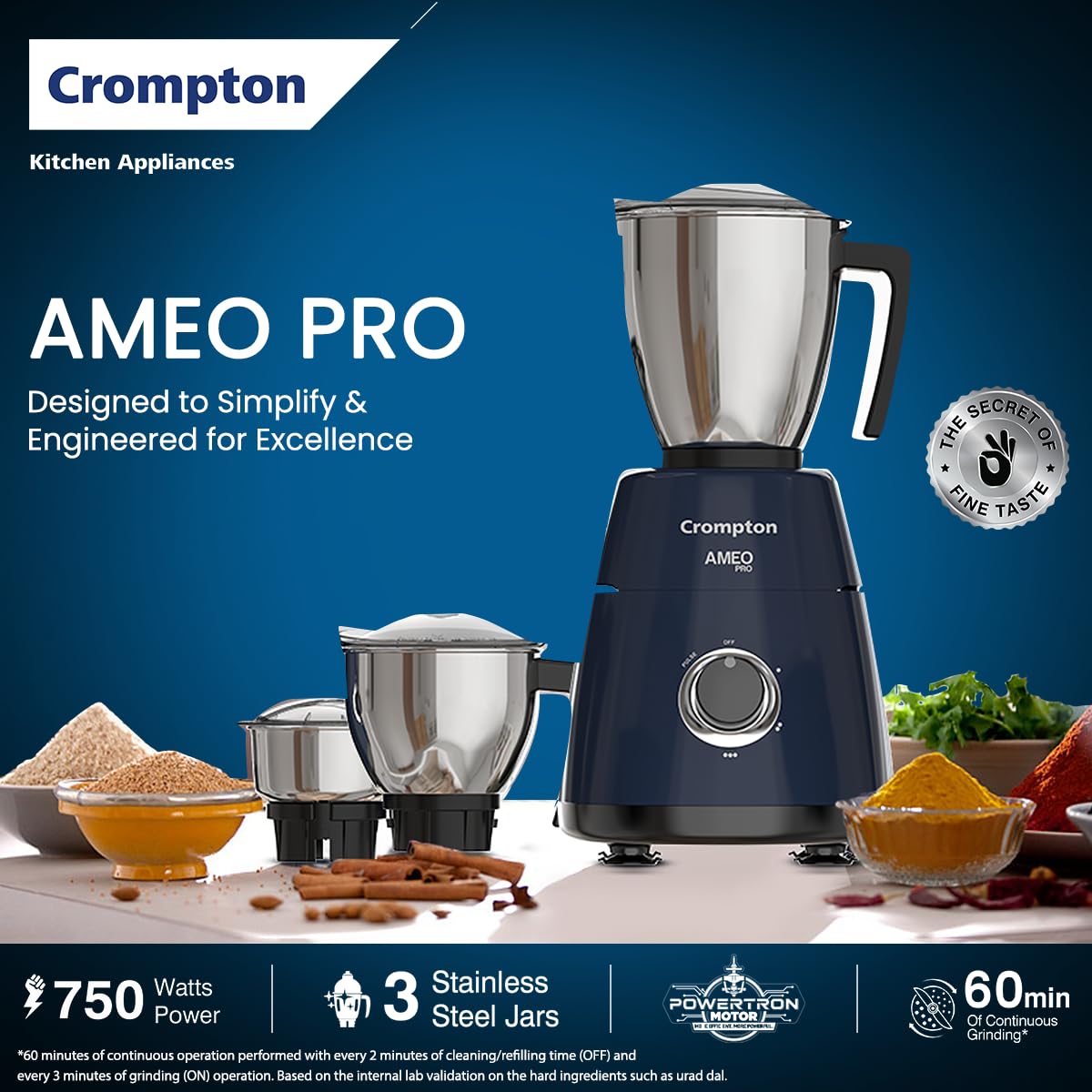 Crompton Ameo Pro 750W 3 Jar | Mixer Grinder | MaxiGrind | Motor Vent-X Technology |3 Stainless Steel Jars and 1 Juicer Jar | Black & Blue