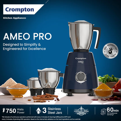 Crompton Ameo Pro 750W 3 Jar | Mixer Grinder | MaxiGrind | Motor Vent-X Technology |3 Stainless Steel Jars and 1 Juicer Jar | Black & Blue