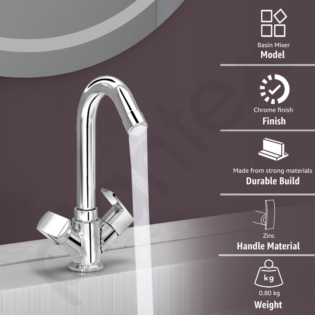 Plantex Basin Mixer Tap for Bathroom with Brass Spindle/Tap for Wash Basin with Water Saving Aerator/Pillar Tap - (CRM-1280-Chrome)-2