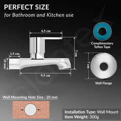 Plantex Pure Brass Bib Cock Water Tap for Bathroom with Water Saving Aerator/Wall Mount Tap for Wash Basin with Teflon Tape & Wall Flange (Chrome)-3