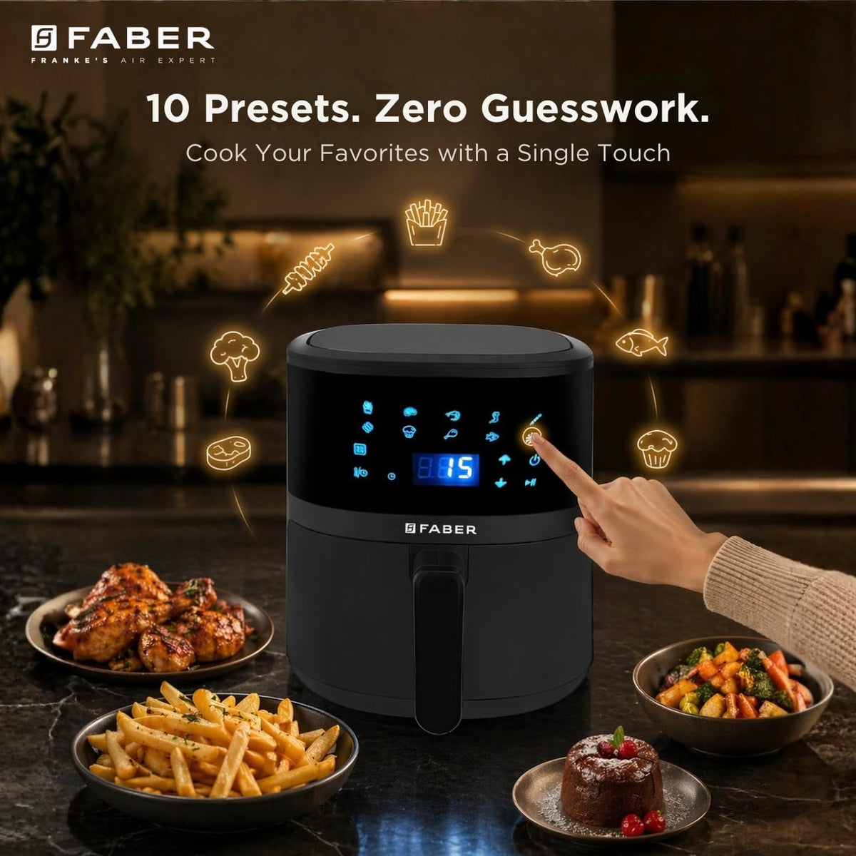 Faber 4L 1350W Digital Air Fryer | Fry, Bake, Roast | 85% Less Oil, 200°C Swirl Heating Technology |10-Preset Menu|Touch