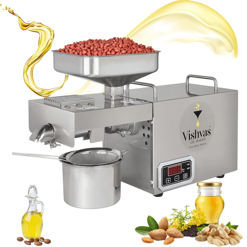 Vishvas 600W Cold Press Oil Maker Machine For Home Use Digital Control | Extracts Peanut, Groundnut & Multi-Seed Oil, Stainless Steel Body, Digital Temperature Controller, 1 Year Warranty (VI-582TC)