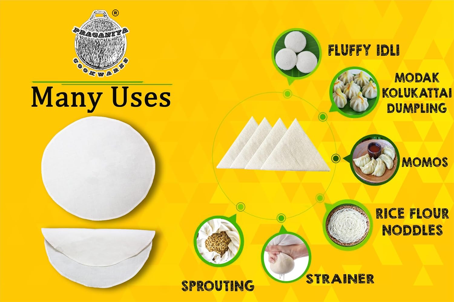 PRAGANIYA COOKWARES Unbleached Pure cotton Idli Steaming Cloth Pack of 6, 30cm Round, for 3-7 Pit Idli Plates, Momos Steaming