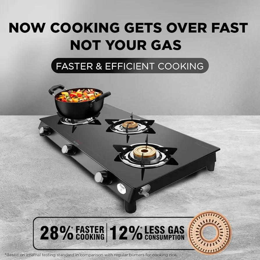 Preethi Bluflame Sparkle Power Duo 3 Burner Glass top Gas Stove with Power Burner and Swirl flame technology, saves gas and cooks faster, Manual Ignition, Black